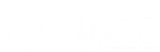 Logotipo da Ninna com slogan: ilustração da chef sorrindo, nome Ninna e a frase "A sua inteligência na cozinha" em traços brancos.
