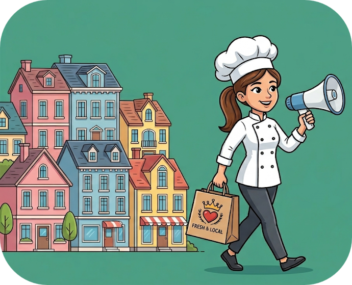 Ilustração em estilo cartoon de uma chef de cozinha sorridente segurando uma sacola de papel kraft com estampa de coração e um megafone, caminhando em frente a uma vizinhança acolhedora com prédios e casas coloridas, representando o marketing local e a divulgação de produtos gastronômicos na comunidade.