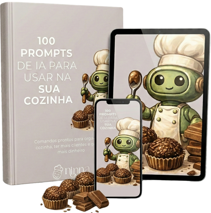 Mockup do e-book 100 Prompts de IA para Usar na Sua Cozinha da Ninna, exibido em livro físico, tablet e celular, com fundo preto