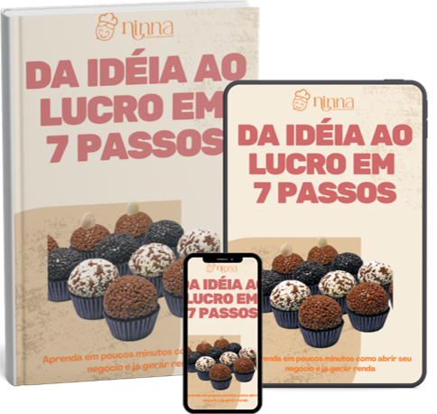 Mockup do e-book Da Ideia ao Lucro em 7 Passos da Ninna, exibido em formato de livro físico, tablet e celular, mostrando imagem de brigadeiros gourmet com fundo preto.