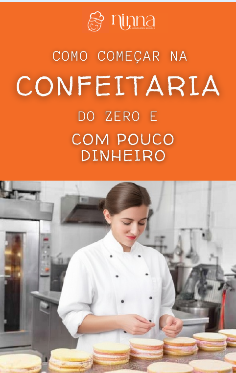 Notebook aberto na mesa ao lado de doces finos e xícara de café, com espaço para texto à esquerda, representando o e-book de gestão e início na confeitaria com pouco dinheiro da Ninna."