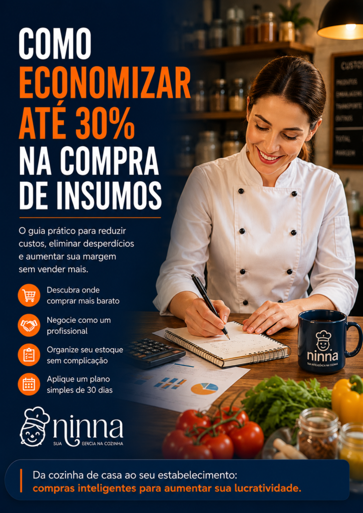 Capa do e-book da Ninna com o título Como economizar até 30% na compra de insumos, mostrando estratégias de gestão gastronômica, precificação e redução de custos para confeitaria, panificação e negócios de alimentação.