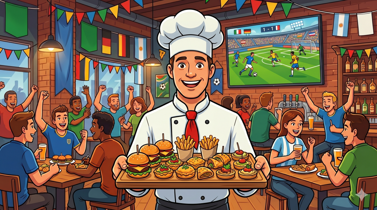 Ilustração em formato de cartoon mostrando um chef sorridente em destaque segurando uma bandeja cheia de petiscos e finger foods (hambúrgueres pequenos, batata frita e salgados). Ao fundo, o interior de um restaurante decorado com bandeirinhas festivas, clientes torcendo e assistindo a um jogo de futebol em um telão.