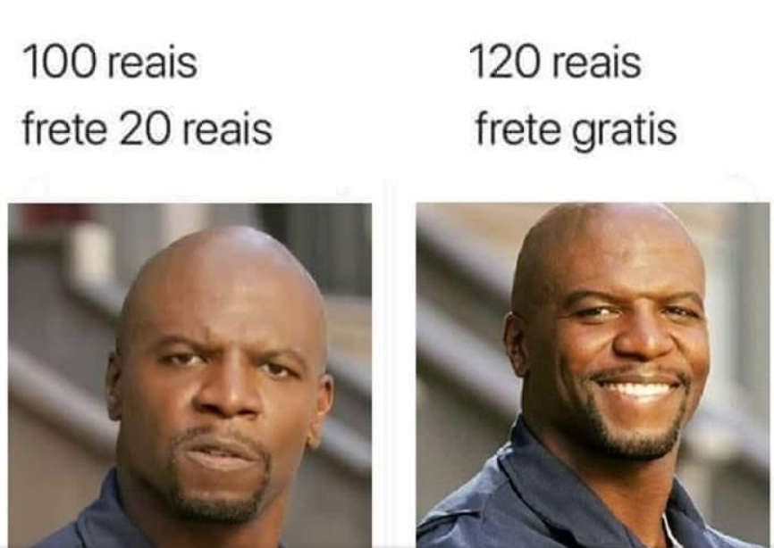 Meme do personagem Julius da série Todo Mundo Odeia o Chris, interpretado por Terry Crews, em duas imagens comparativas mostrando expressões de bravo e feliz, adaptado para ilustrar a estratégia de margem de contribuição e frete grátis na gastronomia pela Ninna.
