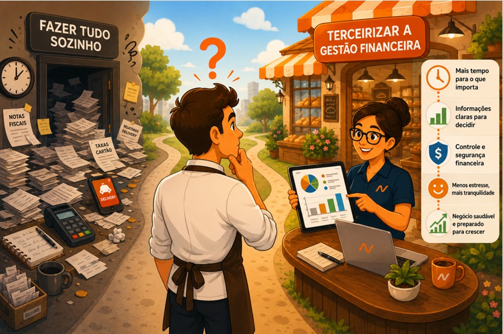 Ilustração em formato de cartoon mostrando o dono de um negócio de alimentação (um padeiro ou chef em um café acolhedor) sorrindo ao olhar para um tablet que exibe gráficos financeiros organizados, ao lado de um especialista em finanças prestativo apontando para a tela
