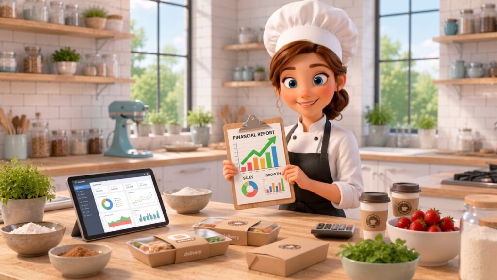 Ilustração em cartoon 3D da mesma chef segurando um relatório com gráfico de crescimento financeiro na sua cozinha.