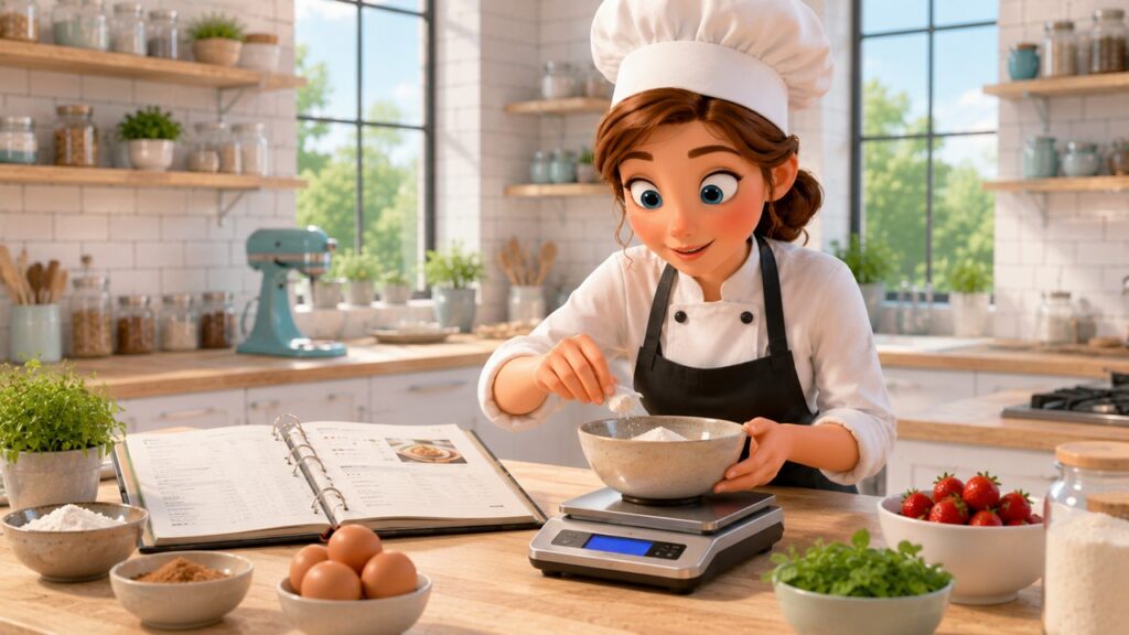 Ilustração em cartoon 3D da mesma chef pesando ingredientes na balança e consultando uma ficha técnica na cozinha iluminada