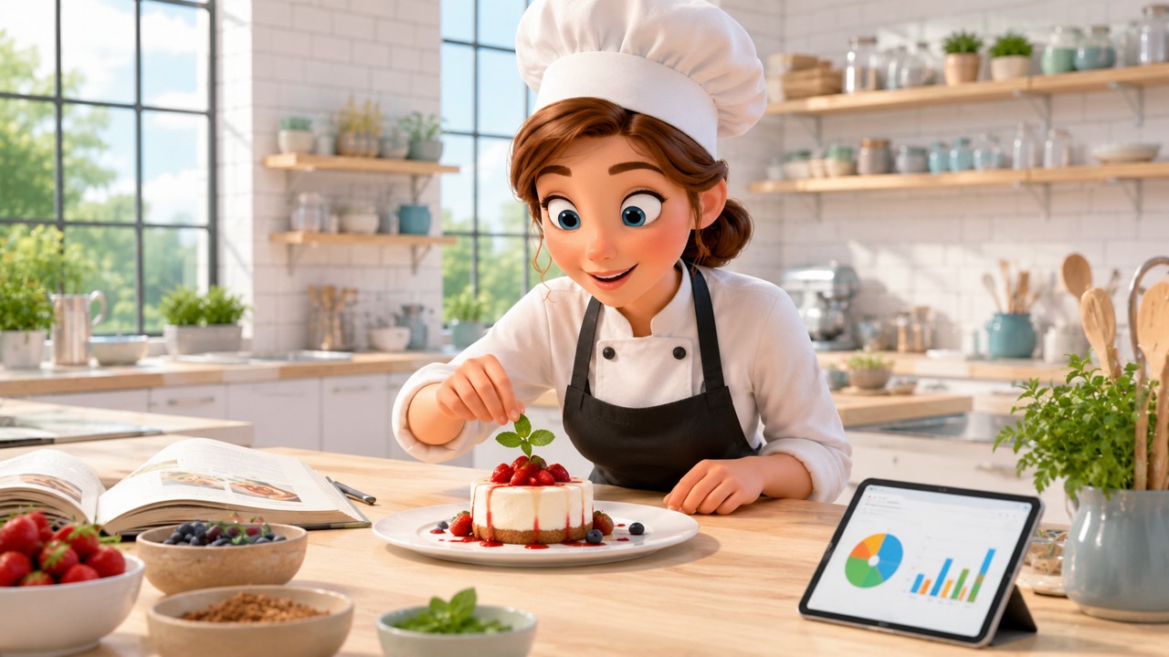 Ilustração em cartoon 3D de uma chef ajustando uma sobremesa em uma cozinha iluminada, ao lado de um tablet discreto exibindo gráficos de gestão para cursos de gastronomia para empreender.