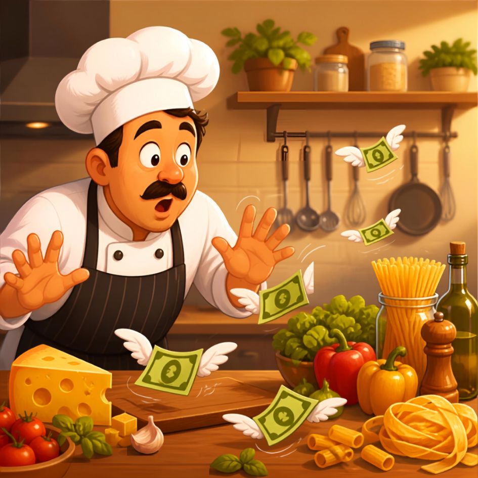 Ilustração em cartoon de um chef na cozinha observando a bancada de onde notas de dinheiro com asas voam para longe dos ingredientes, representando custos invisíveis no negócio de alimentação.