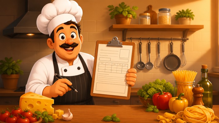 Ilustração em cartoon do mesmo chef sorrindo com orgulho enquanto segura uma prancheta com a ficha técnica padronizada da receita em seu negócio de alimentação.