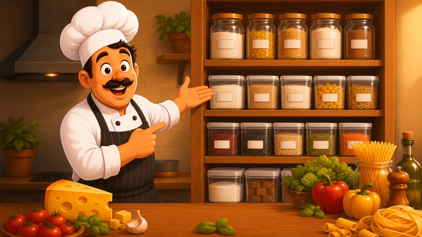 Ilustração em cartoon do mesmo chef apontando com orgulho para as prateleiras do estoque organizadas e com potes etiquetados por validade em seu negócio de alimentação.