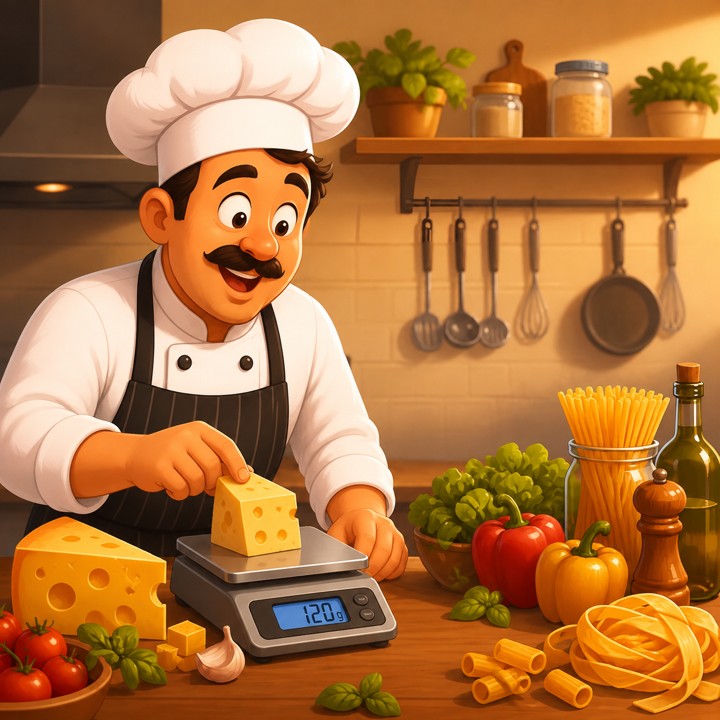 Ilustração em cartoon do mesmo chef sorridente em sua cozinha usando uma balança digital na bancada para pesar exatamente 120 gramas de queijo em seu negócio de alimentação.