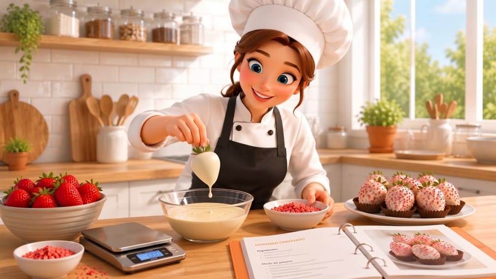 Ilustração em cartoon 3D da mesma chef banhando morango cravejado  em chocolate e confeitando.