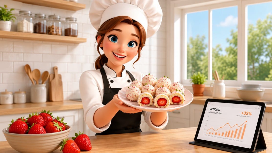 Ilustração em cartoon 3D da chef apresentando um morango cravejado com chocolate e castanhas na cozinha iluminada.