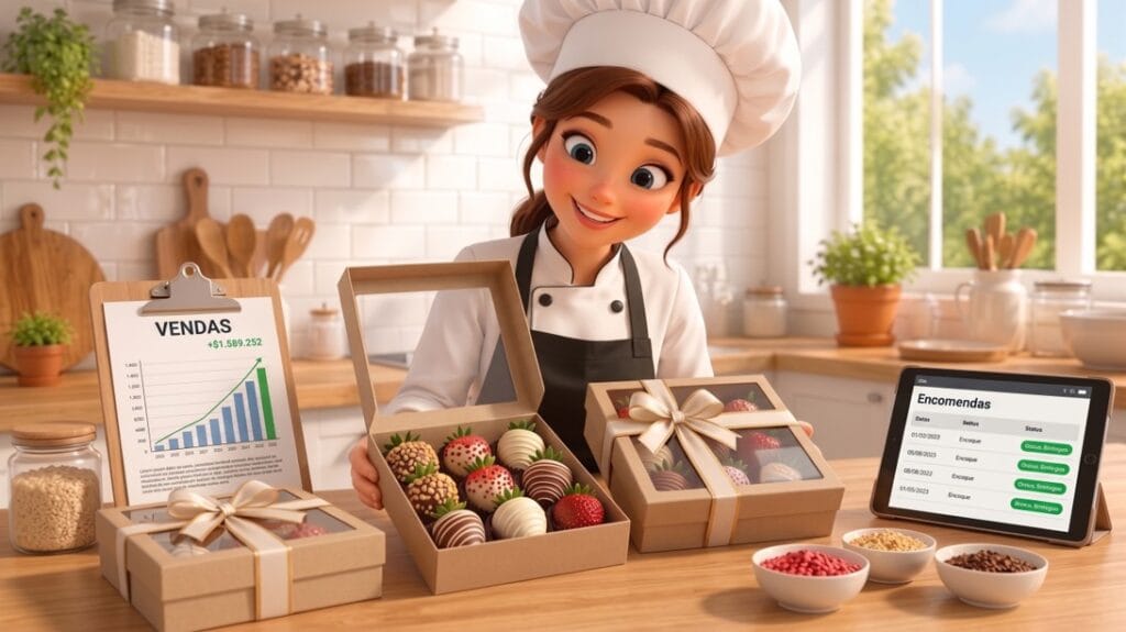 Ilustração em cartoon 3D da chef com caixas de presente de morango cravejado prontas para entrega e gráficos de vendas.